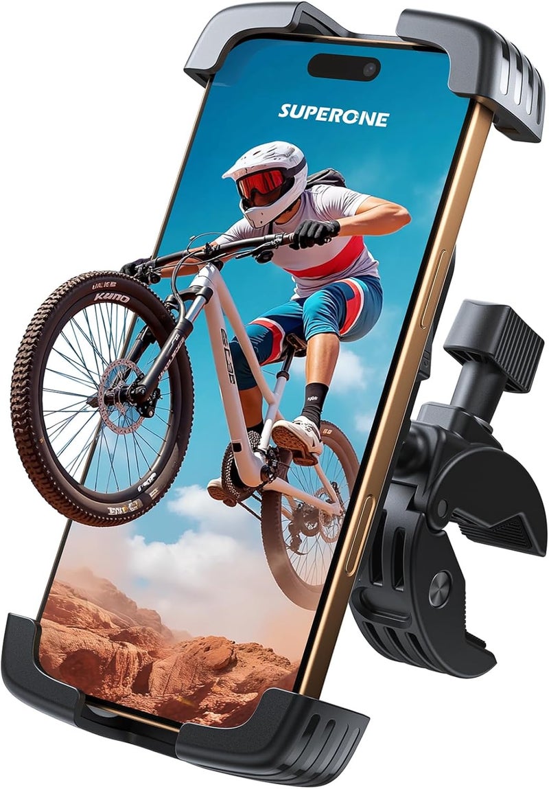 SUPERONE Bike Phone Holder, [1s Lock] Motorcycle Phone Mount, [Anti-Shake] Handlebar Cell Phone Clamp, Scooter Phone Clip for Handlebars with Diameters 0.65-1.2 in, Suitable for 4.7-7.2 in Phones - Image 1
